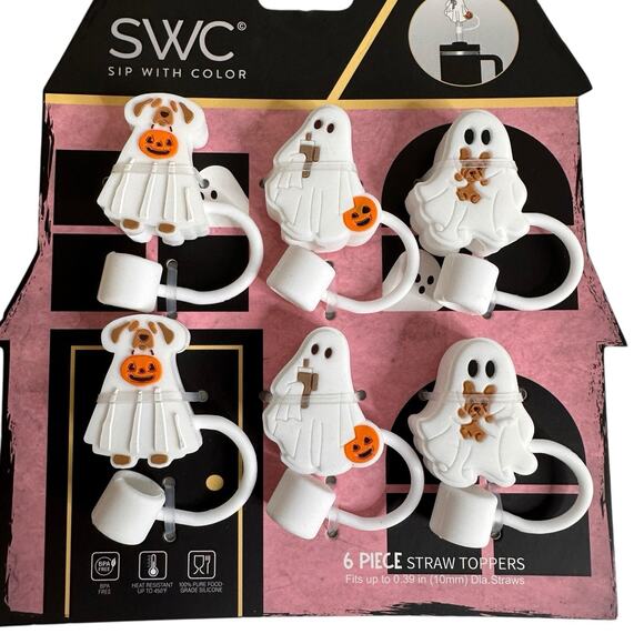 SWC 6 Piece Straw Toppers Ghosts Dogs White Halloween New - Picture 3 of 6